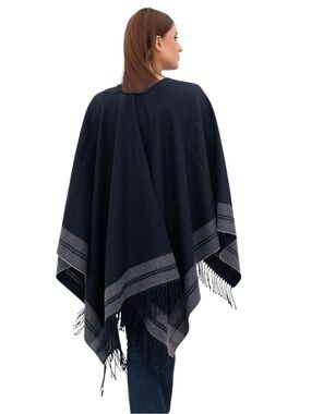 Uniqlo Navy Plaid Edge Fringe Cape Poncho (O/S)